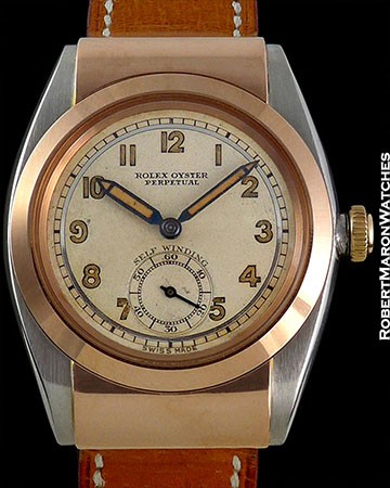 ROLEX BUBBLE BACK 3064 UNPOLISHED 18K ROSE GOLD & STEEL HOODED CASE TWO-TONE DIAL