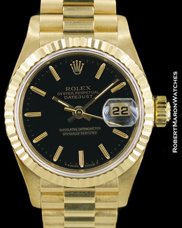 ROLEX LADY PRESIDENT DATEJUST 18K AUTOMATIC SAPPHIRE CRYSTAL BLACK DIAL