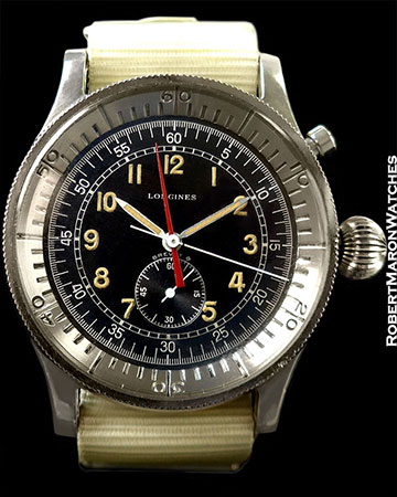 LONGINES SINGLE BUTTON FLYBACK AVIATOR'S CHRONO WITH BLACK MILITARY DIAL AND CENTRAL REGISTER – ISRAELI ISSUE
