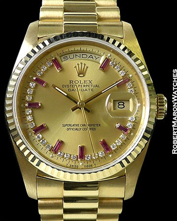 ROLEX DAY DATE 18238 18K BAGUETTE RUBY DIAMOND MYRIAD DIAL BOX & PAPERS