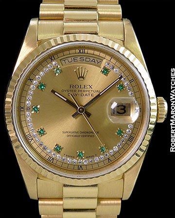 ROLEX 18238 DAY DATE PRESIDENT RARE EMERALD & DIAMOND MYRIAD DIAL BOX PAPERS