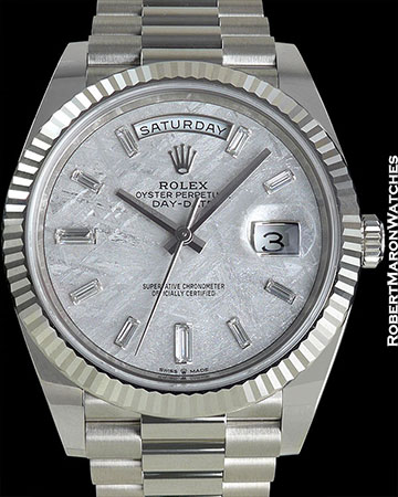 ROLEX REF 228239 DAY-DATE WHITE GOLD METEORITE DIAL BAGUETTE MARKERS NEW BOX & PAPERS