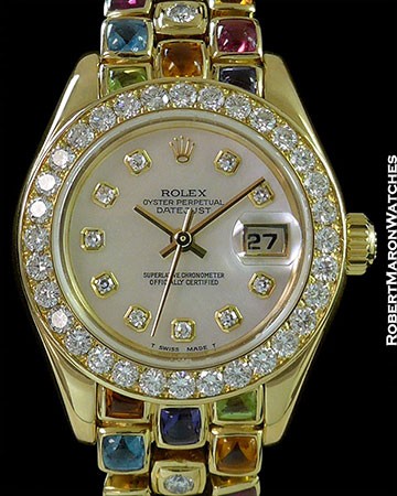 ROLEX TUTTI FRUTTI PEARLMASTER 69298 18K ONE OF A KIND ROLEX SPECIAL ORDER BRACELET DIAMOND BEZEL MOTHER OF PEARL BOX & PAPERS